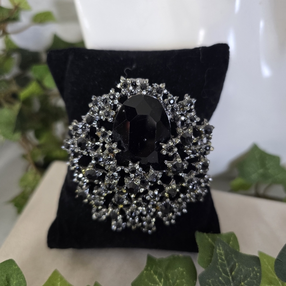 Black Rhinestone Filigree Brooch Pin Pendant Gothic Victorian Statement